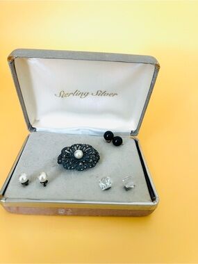 Vintage Filigree Brooch with Pearl Accent -plus 2 pairs of earrings